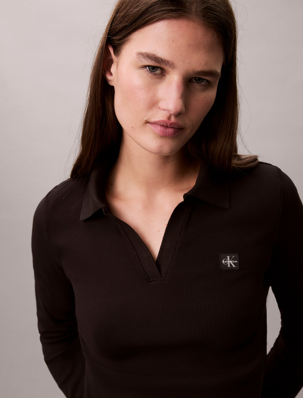 Woven Monologo Rib Collared Top, Black, hi-res