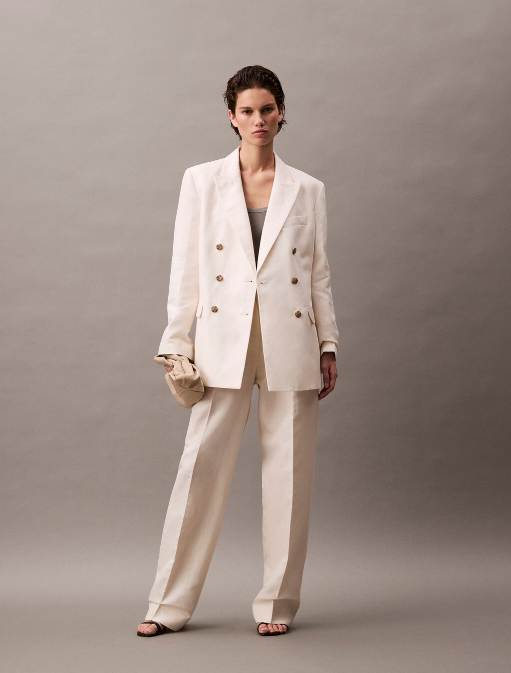 Relaxed Linen Pleated Trousers, Tofu, hi-res