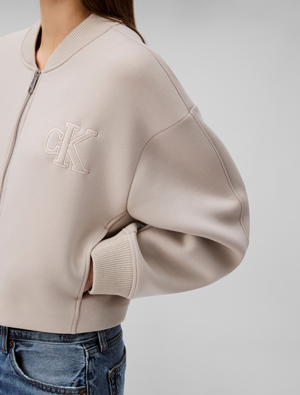 Oversized Scuba Zip Bomber Jacket, Feather Gray, hi-res