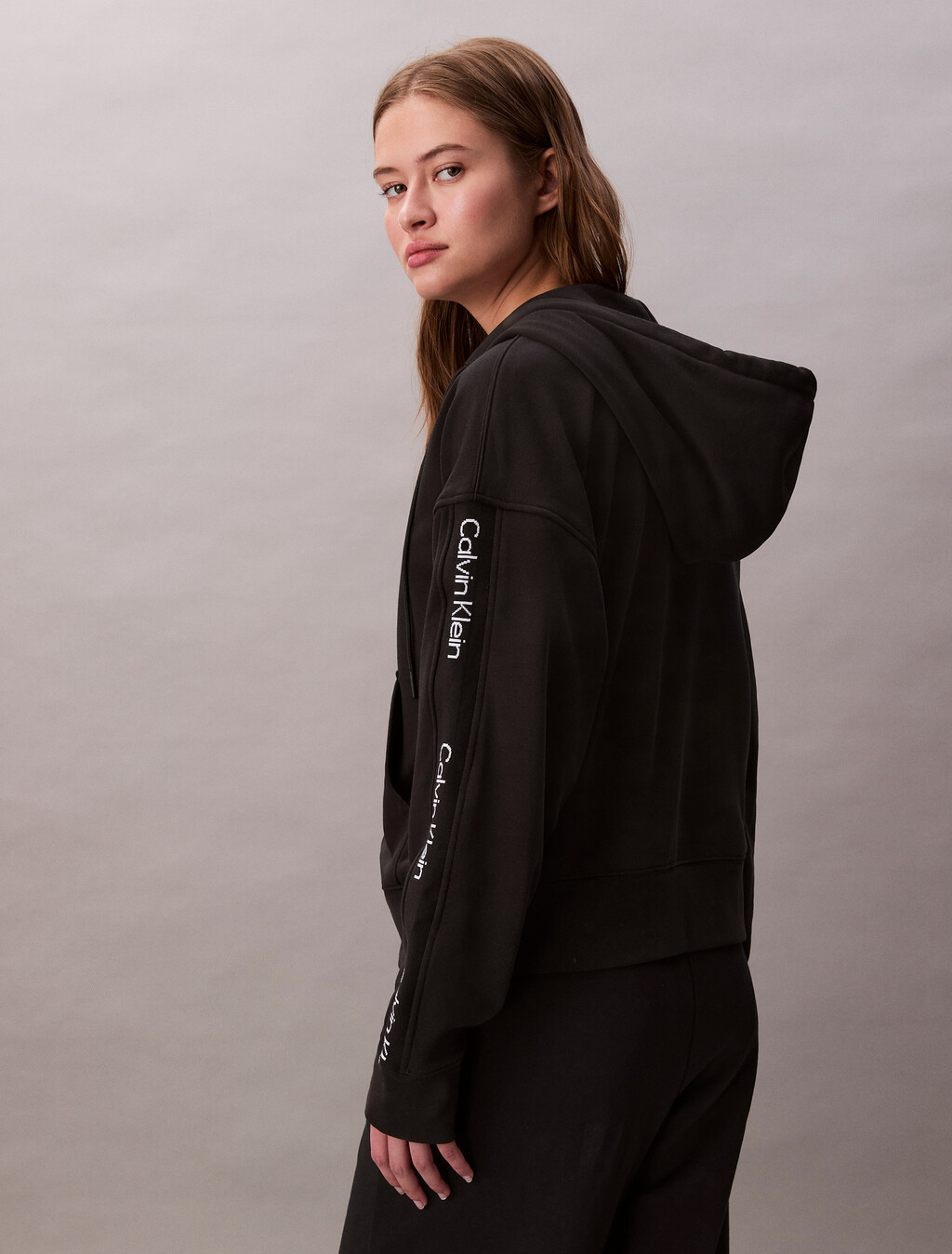 Logo Tape Terry Zip Thru Hoodie, Black, hi-res