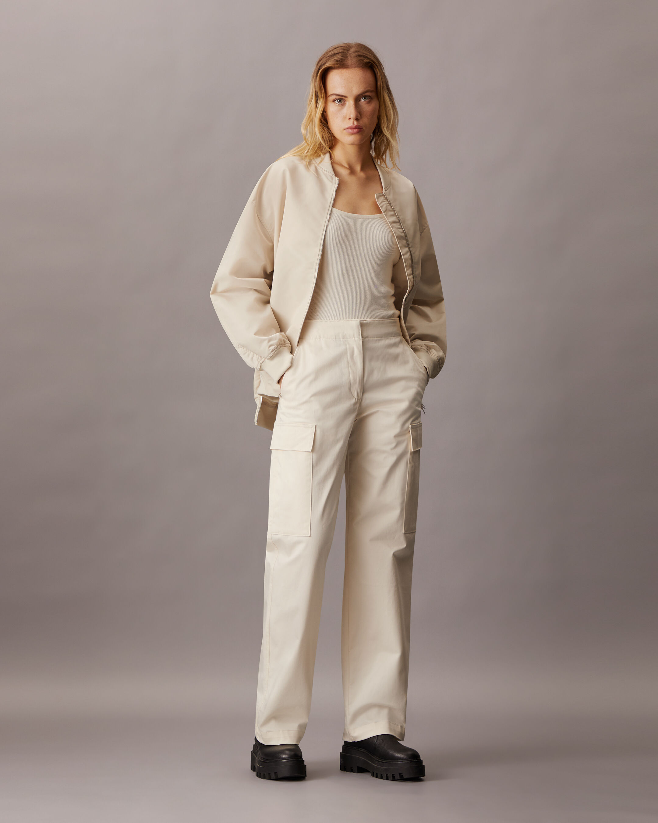   [CK] Women’s Ivory Satin Bomber Jacket J224361 Biker + Bomber | Calvin Klein Malaysia