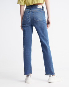 Italian Denim High Rise Slim Straight Jeans, Med Blue Side Emboss, hi-res