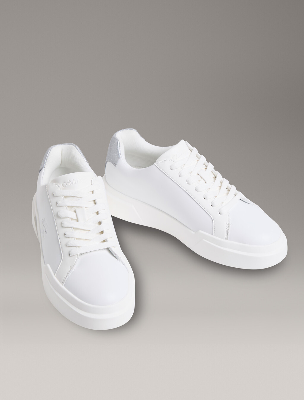 CK Avenue - Leather Logo Trainers, Bright White/Silver, hi-res