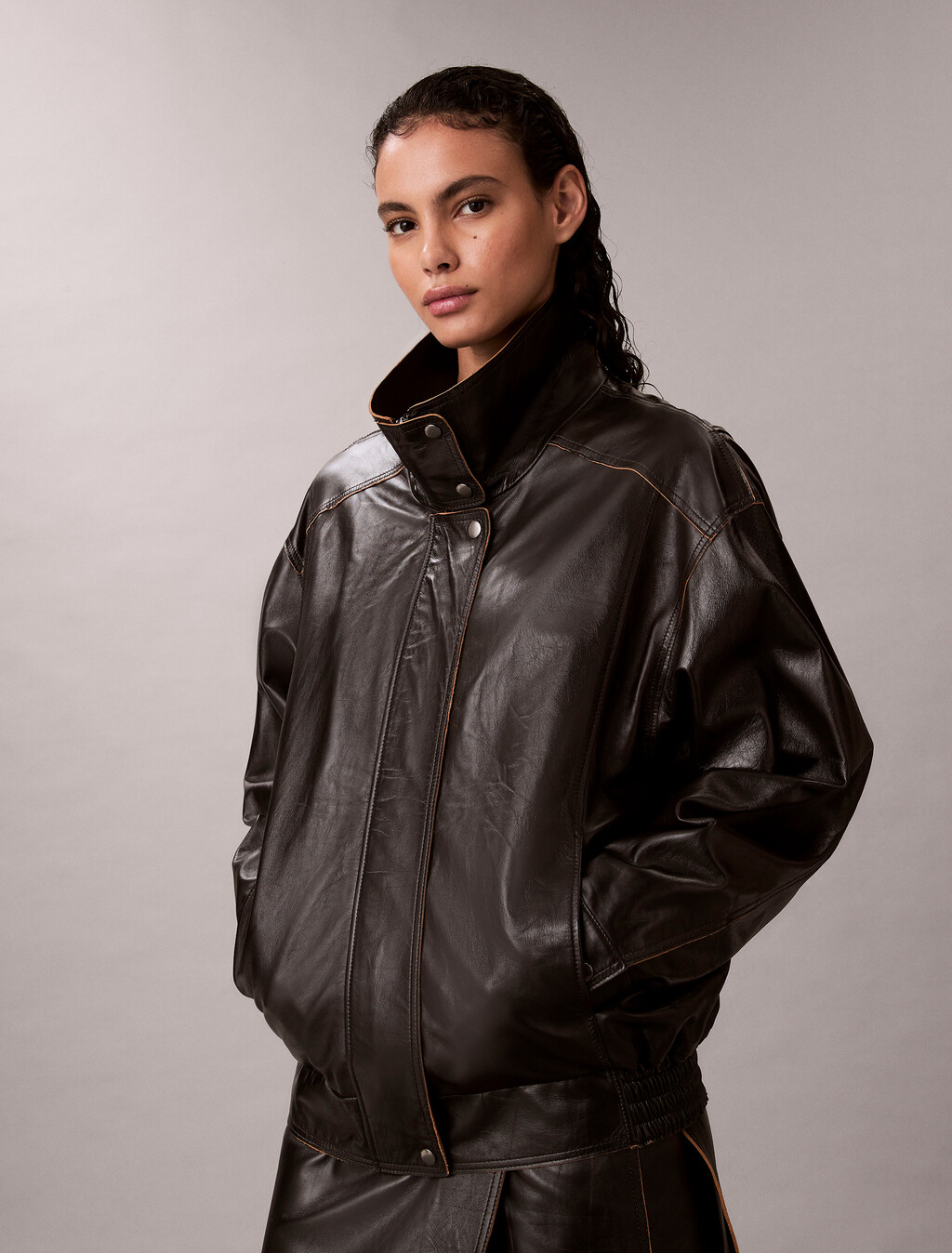 Relaxed Patent Leather Jacket, Black, hi-res