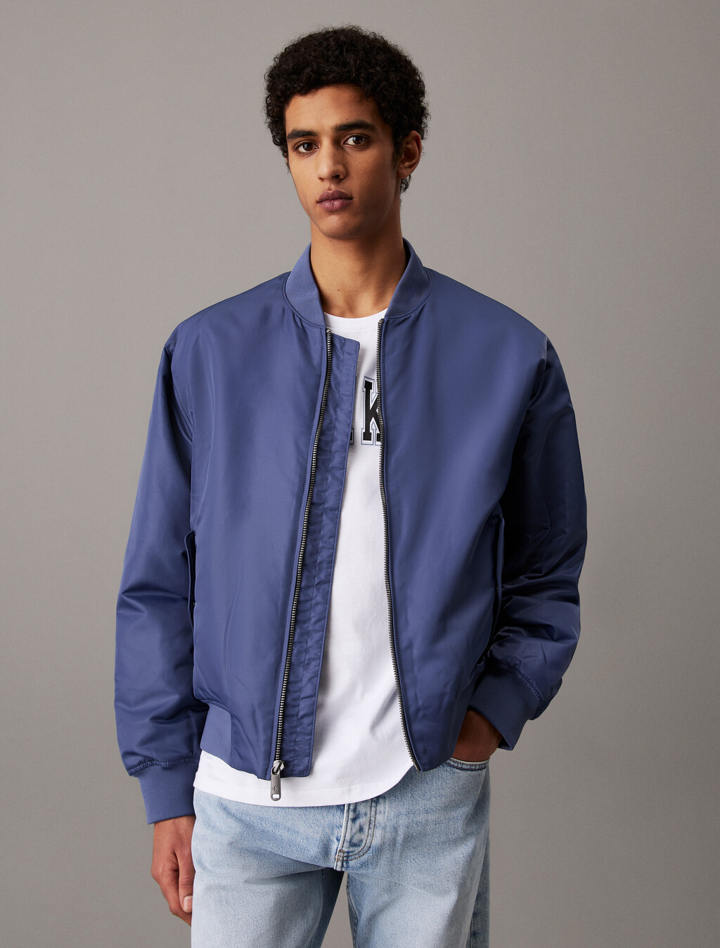 Padded Nylon Bomber Jacket, Vintage Indigo, hi-res