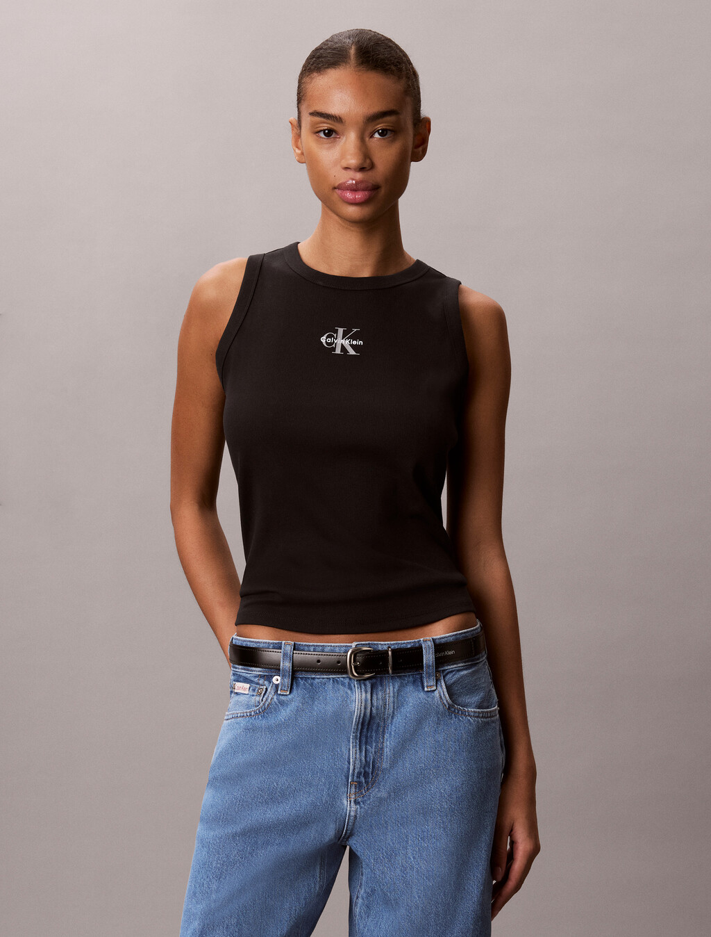 Rib Knit Monogram Tank Top, Black, hi-res