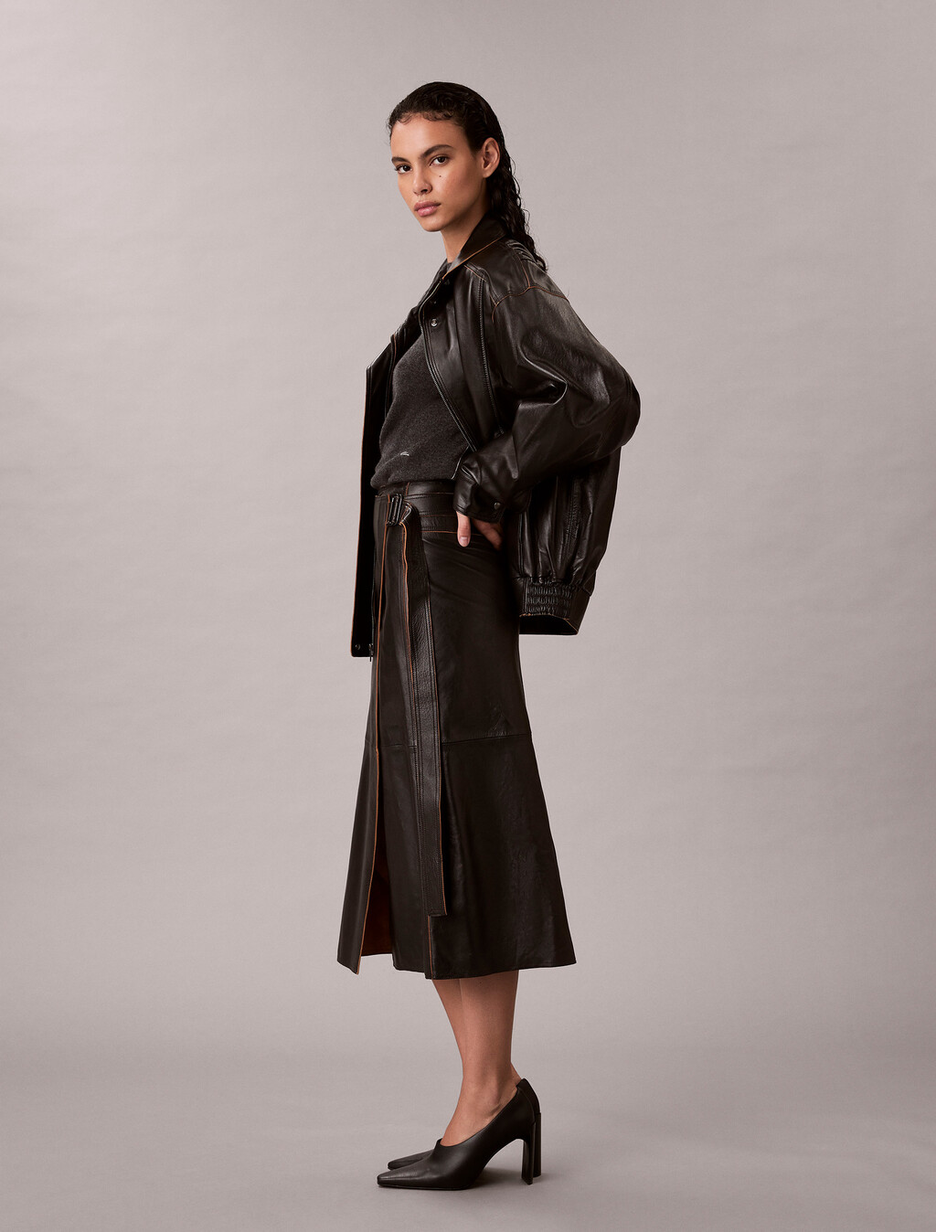 Leather Midi Wrap Skirt, Black, hi-res