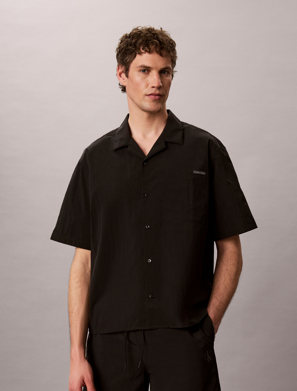 Nylon Relaxed Camp Collar Shirt, Black, hi-res