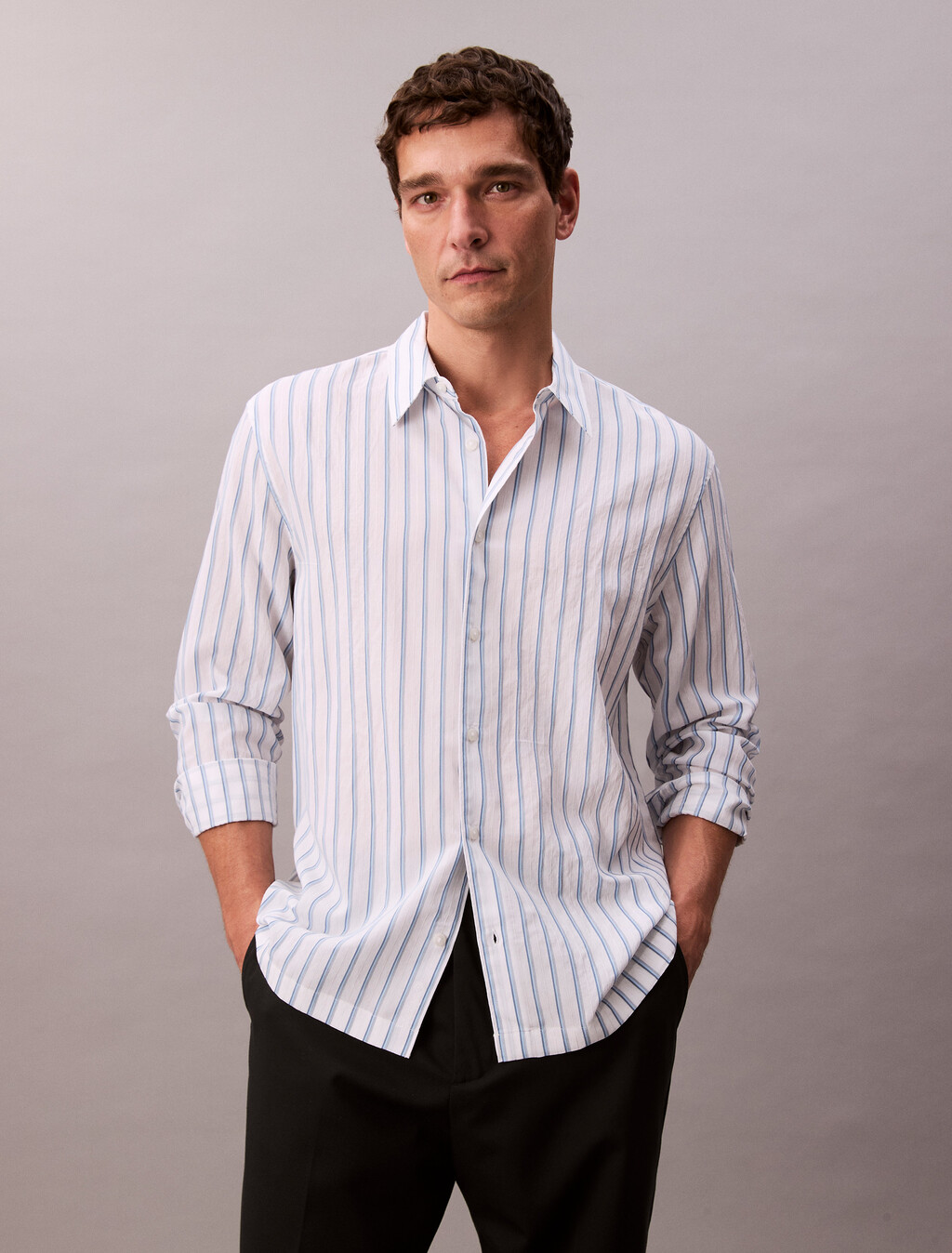Striped Relaxed Button-Down Shirt, Brilliant White, hi-res