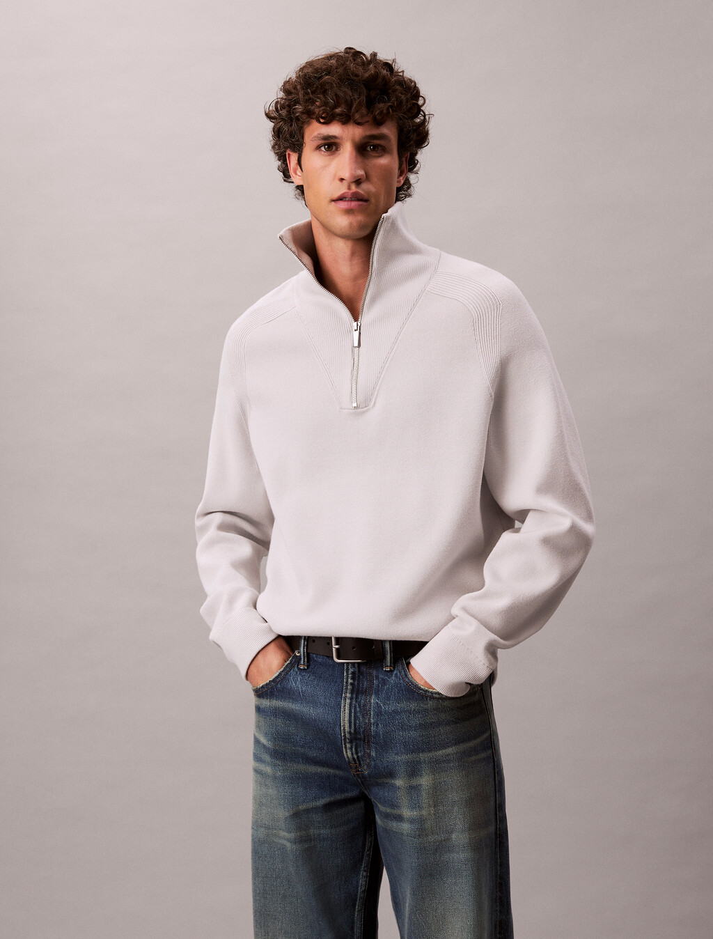 Tech Knit Boxy Mock Neck Jumper, Chalk, hi-res
