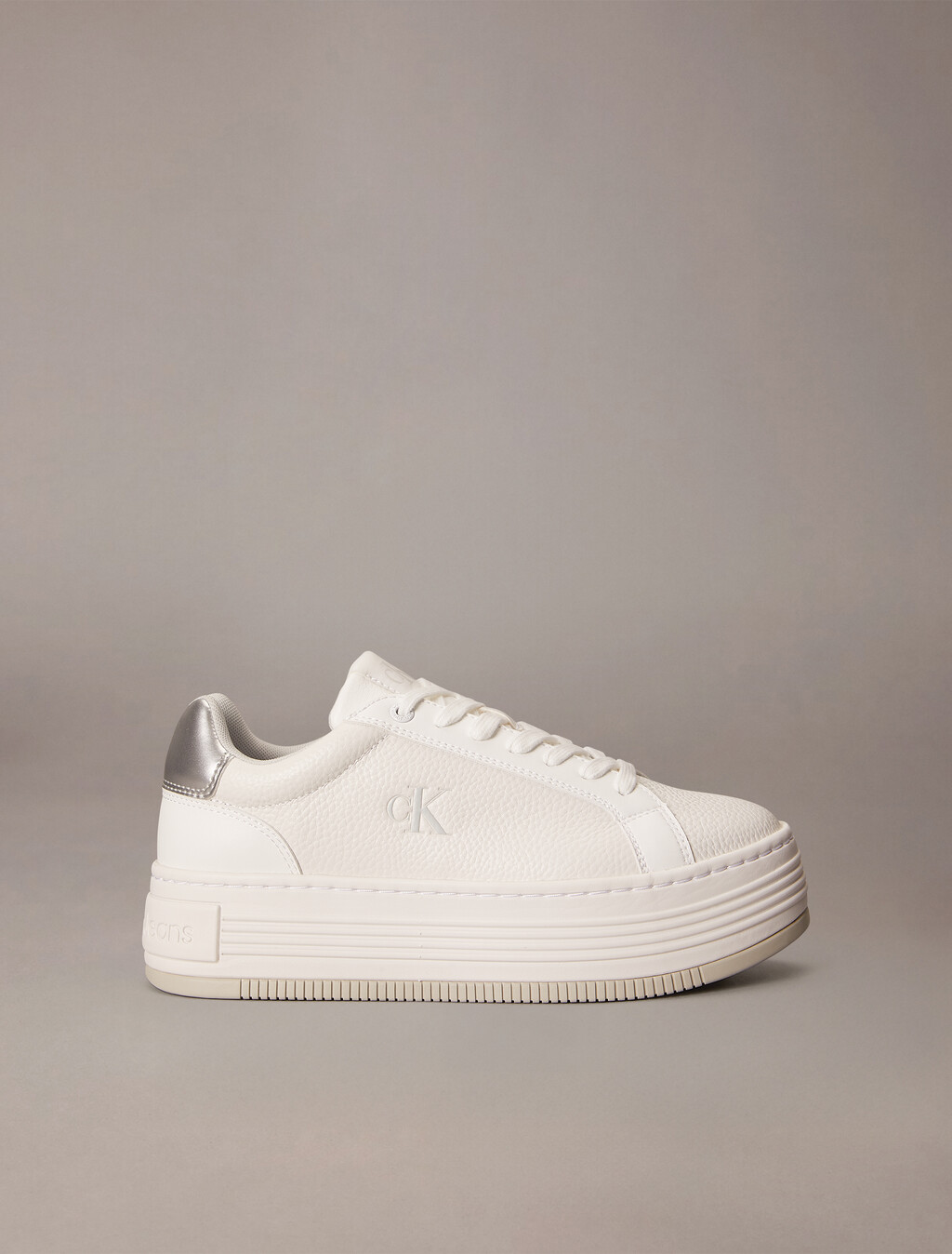 Leather Platform Trainers, Bright White/Silver, hi-res