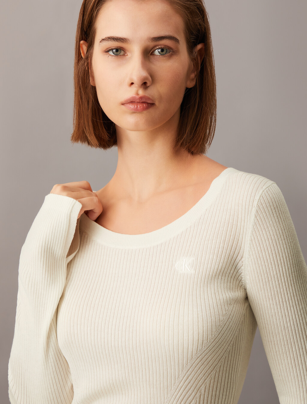 Rib Knit Slim Knit Top, Ivory, hi-res
