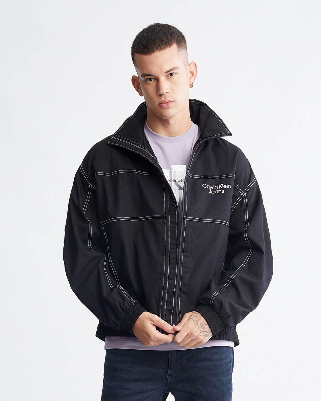 Varsity Curved Logo Stand Collar Jacket, Ck Black, hi-res