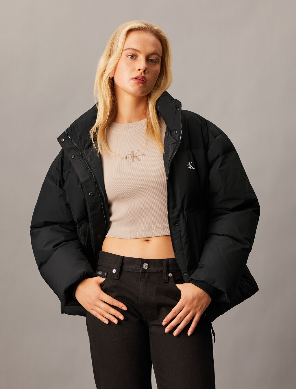 Cropped Stand Collar Puffer Jacket, Ck Black, hi-res