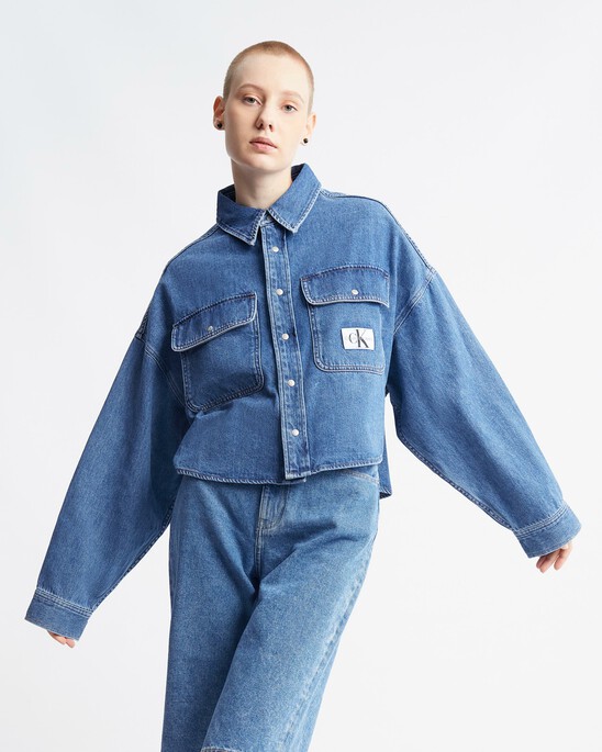 Oversized Cropped Rounded Hem Denim Shirt
