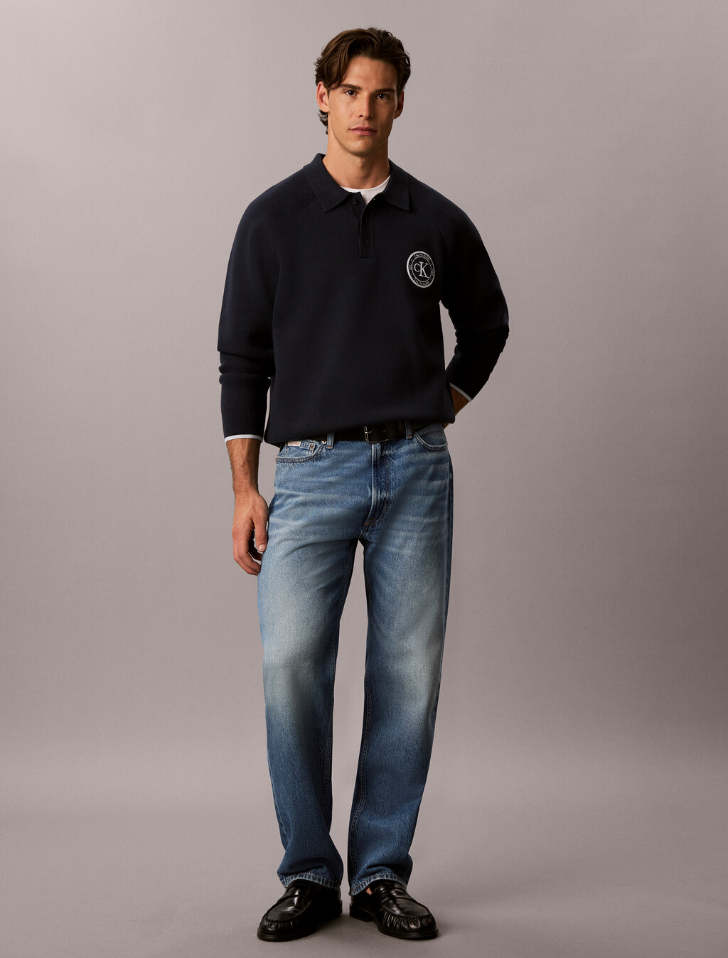 Cotton Knit Varsity Polo Jumper, Dark Sapphire, hi-res
