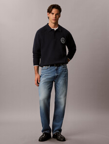 Cotton Knit Varsity Polo Jumper, Dark Sapphire, hi-res