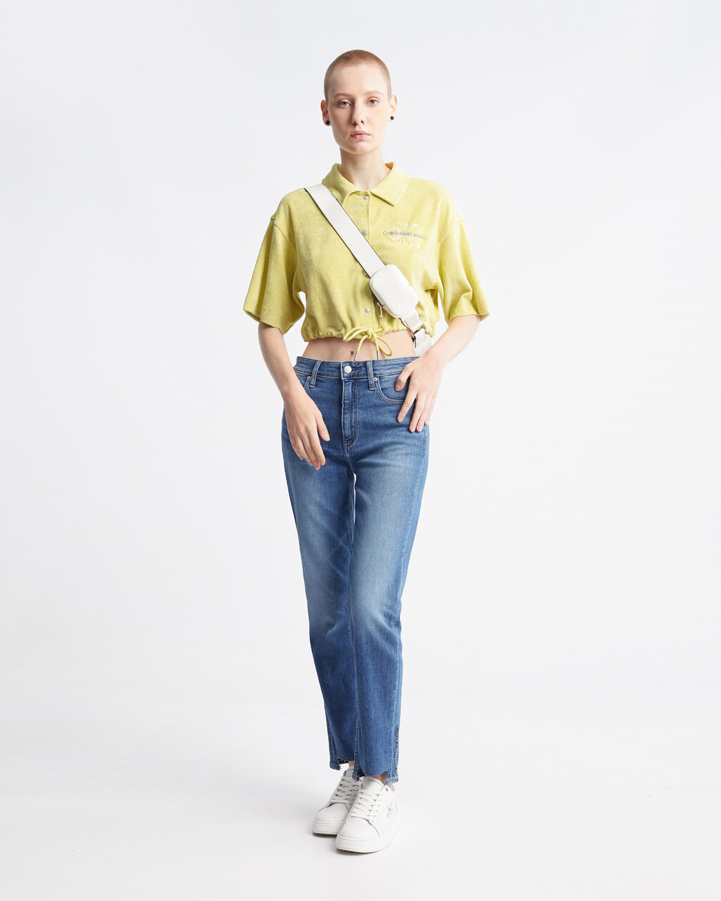 Italian Denim High Rise Slim Straight Jeans, Med Blue Side Emboss, hi-res