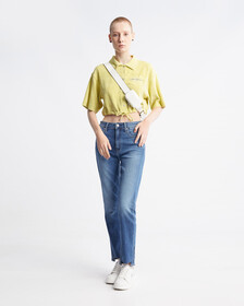 Italian Denim High Rise Slim Straight Jeans, Med Blue Side Emboss, hi-res