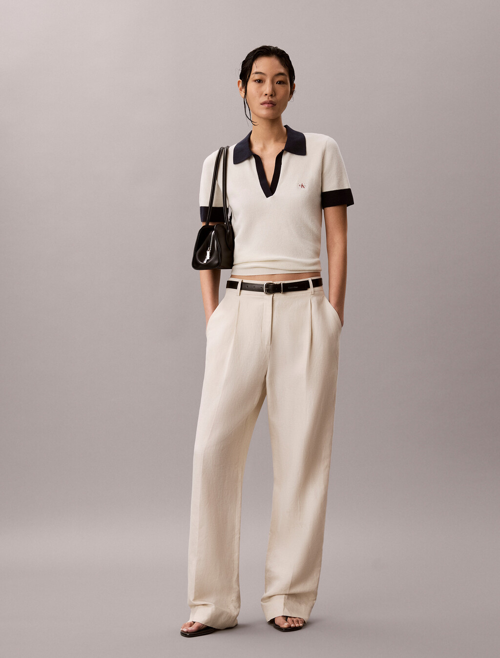Two-Tone Cotton Knit Polo Shirt, Tofu, hi-res