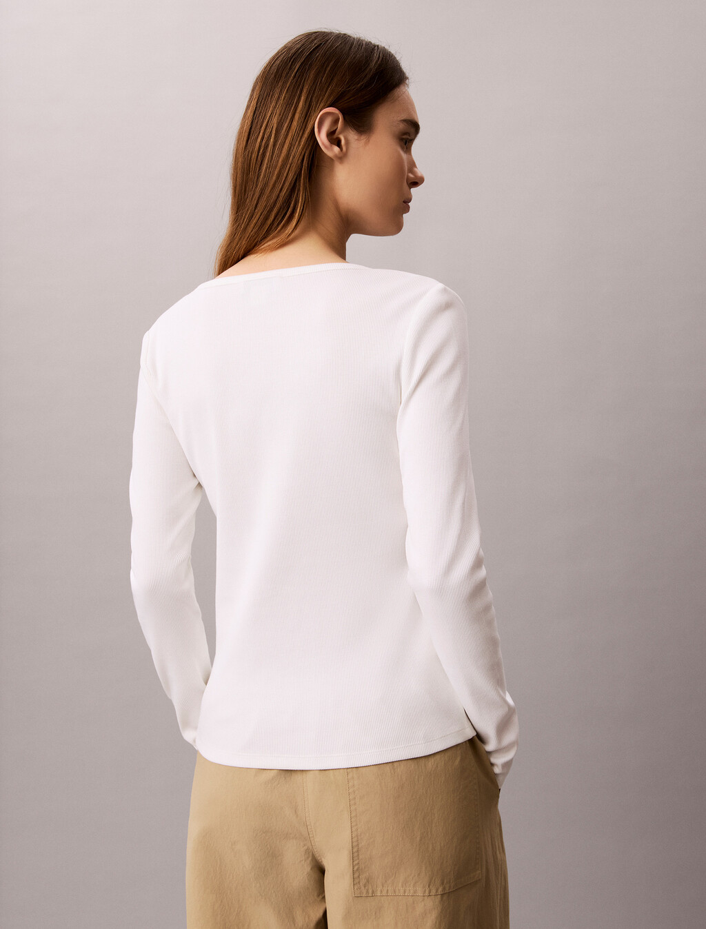 Ribbed Cotton Long Sleeve Top, Bright White, hi-res