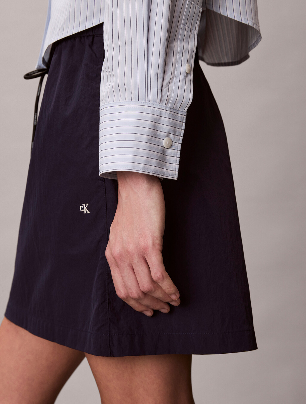 Cropped Cotton Poplin Stripe Shirt, Breezy Blue Three Color Refined Stripe, hi-res