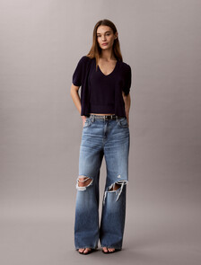 Cotton Knit Short Sleeve Twin Set, Evening Blue, hi-res