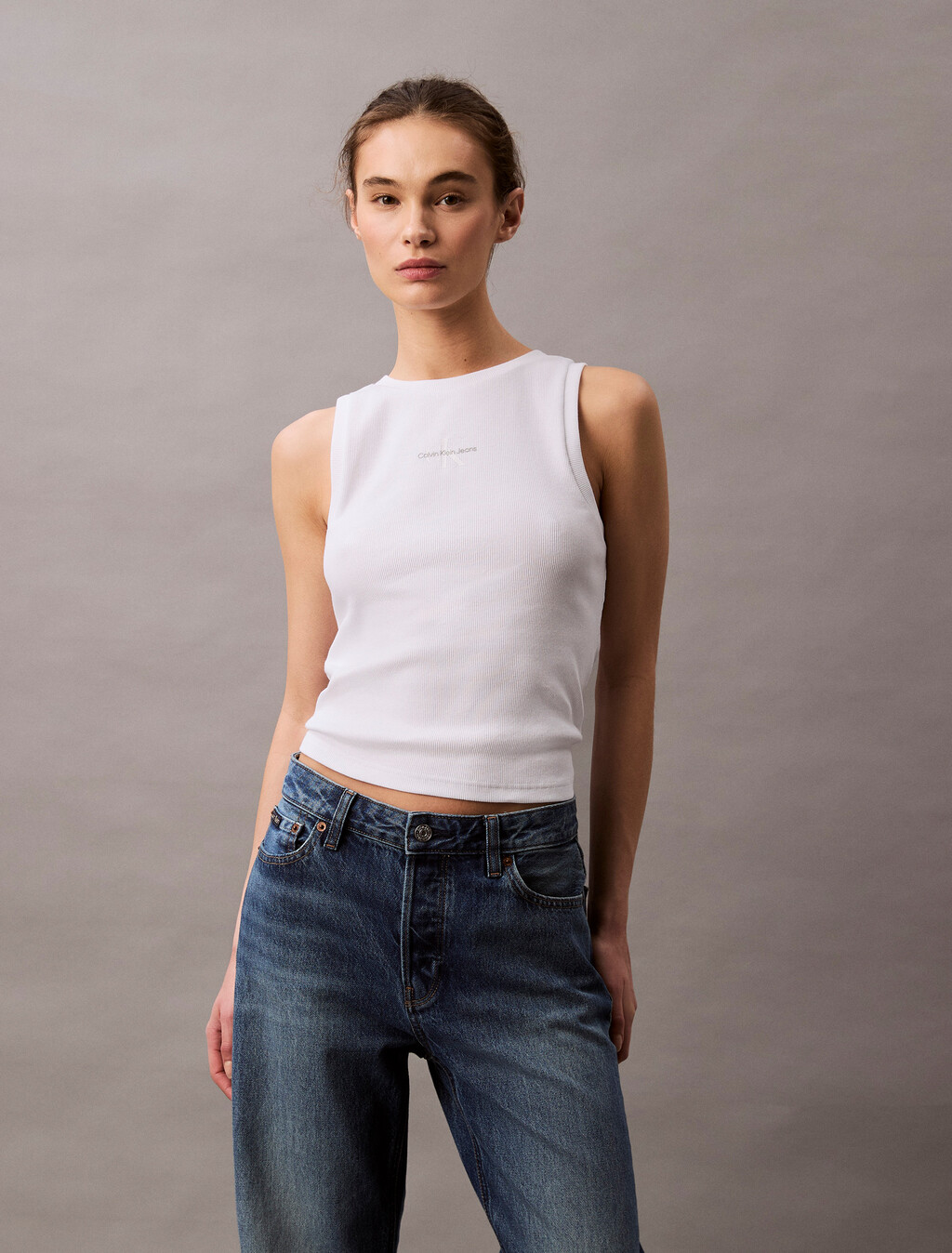 Monogram Rib Knit Tank Top, Brilliant White, hi-res