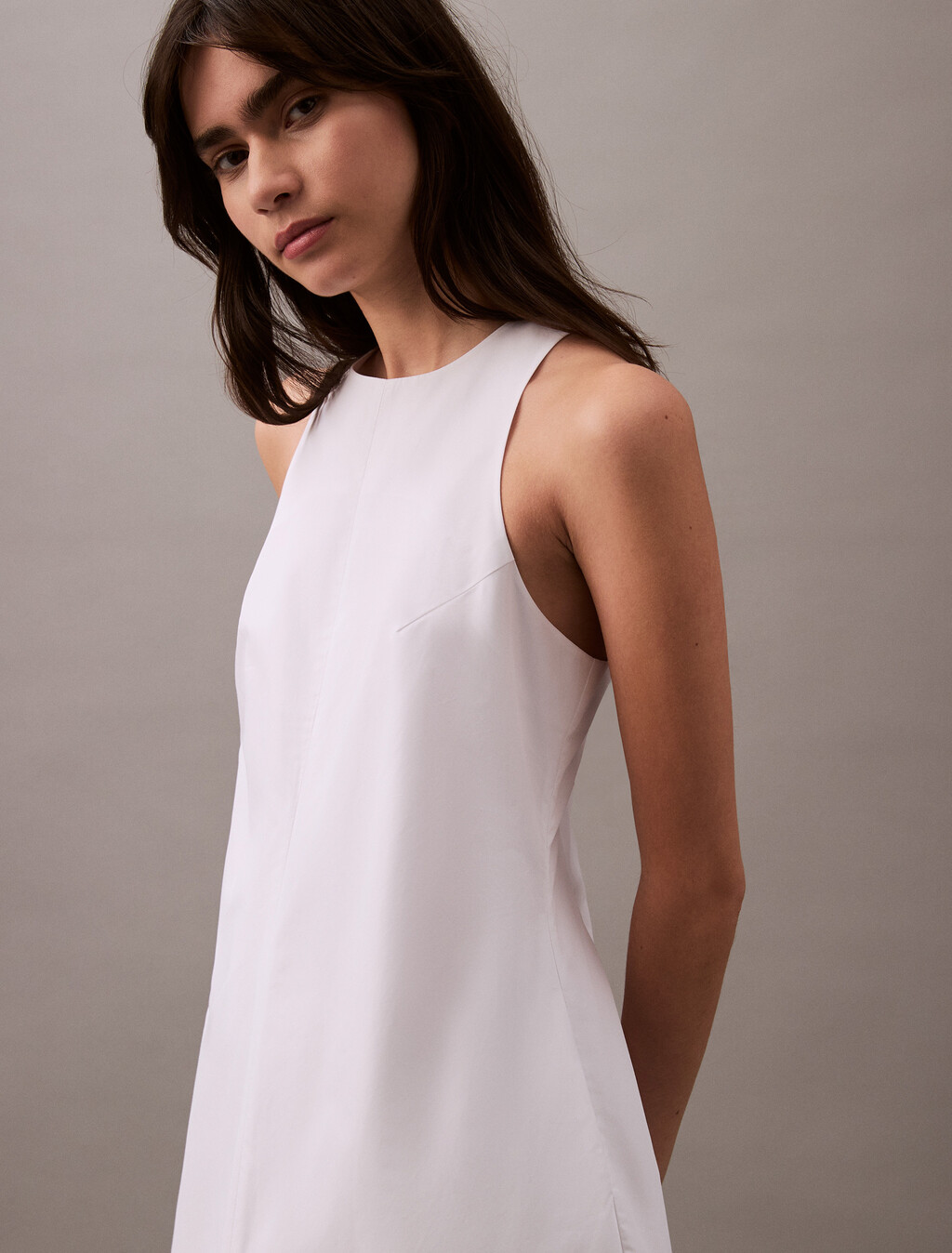 Cotton Poplin Box Pleat Midi Dress, Brilliant White, hi-res