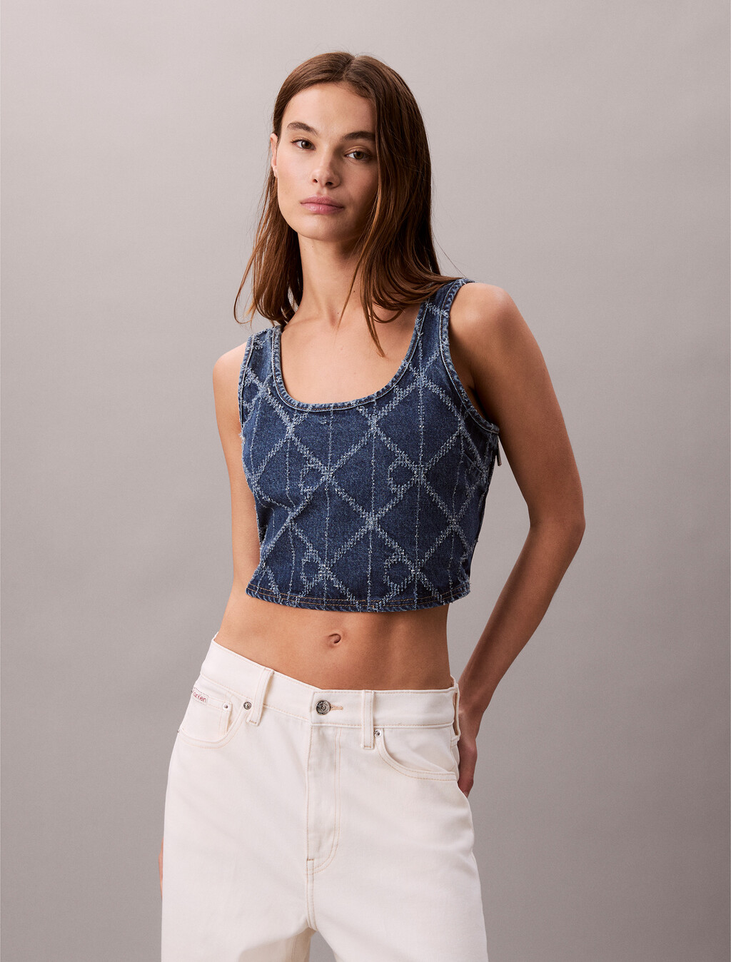 Denim Allover Monogram Cropped Tank Top, CK ATLANTIC, hi-res