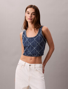 Denim Allover Monogram Cropped Tank Top, CK ATLANTIC, hi-res