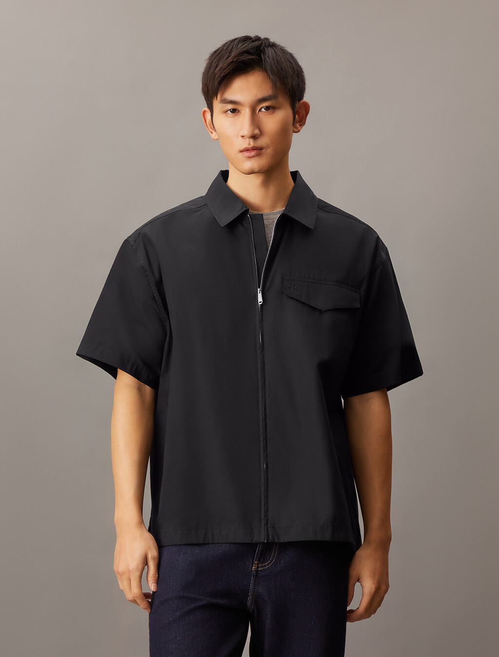 Zip Up Poplin Shirt, Ck Black, hi-res