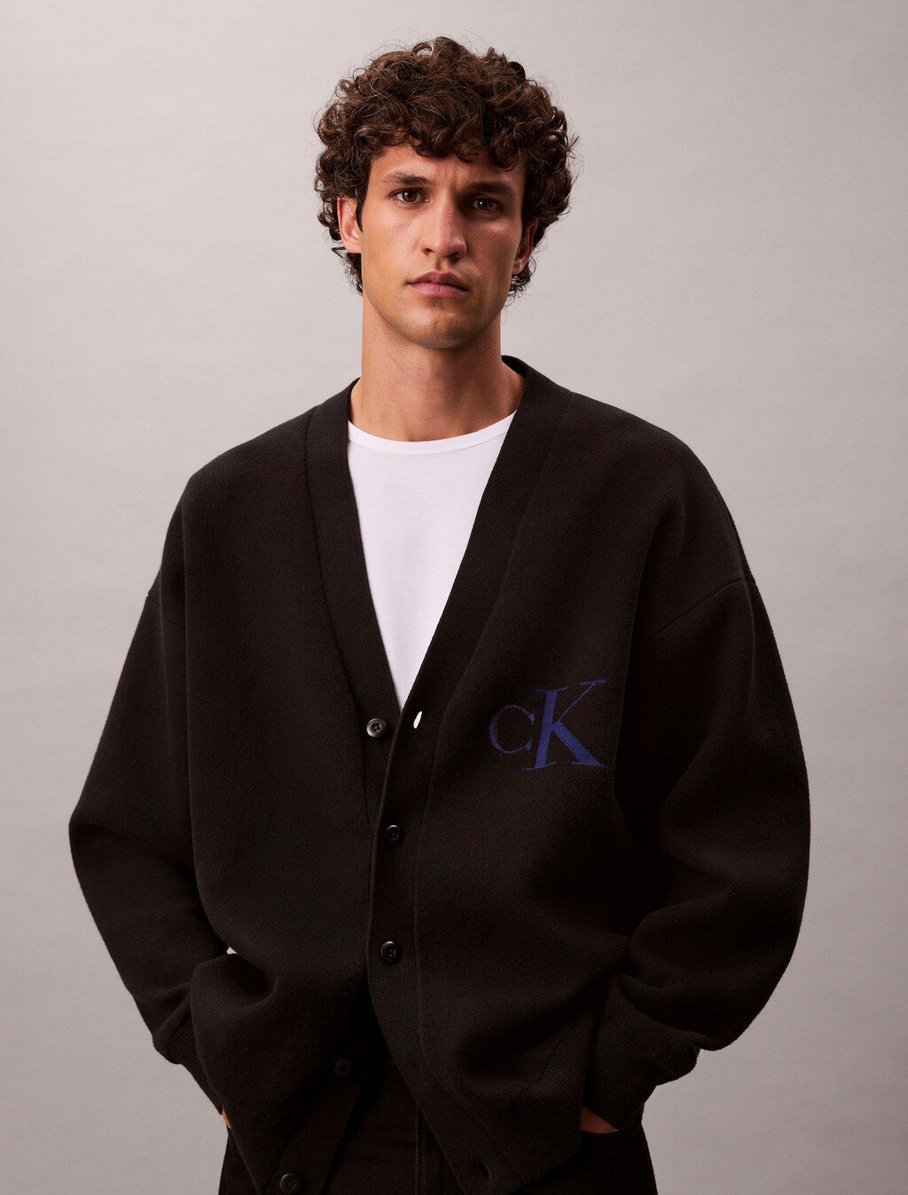 Cotton Blend Monogram Logo Relaxed Cardigan, Black, hi-res