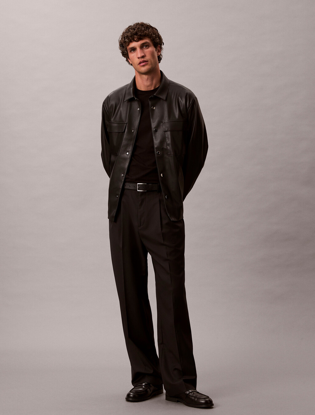 Faux Leather Shirt Jacket, Black, hi-res