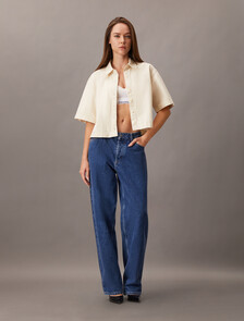 Denim Short Sleeve Cropped Shirt, CHALK WHITE, hi-res