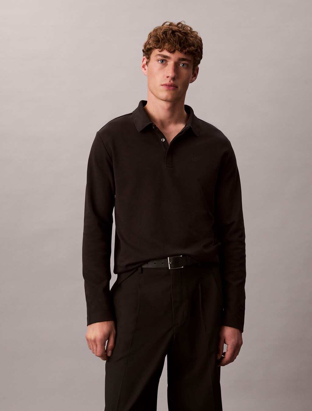 Luxe Cotton Long Sleeve Polo, Black, hi-res