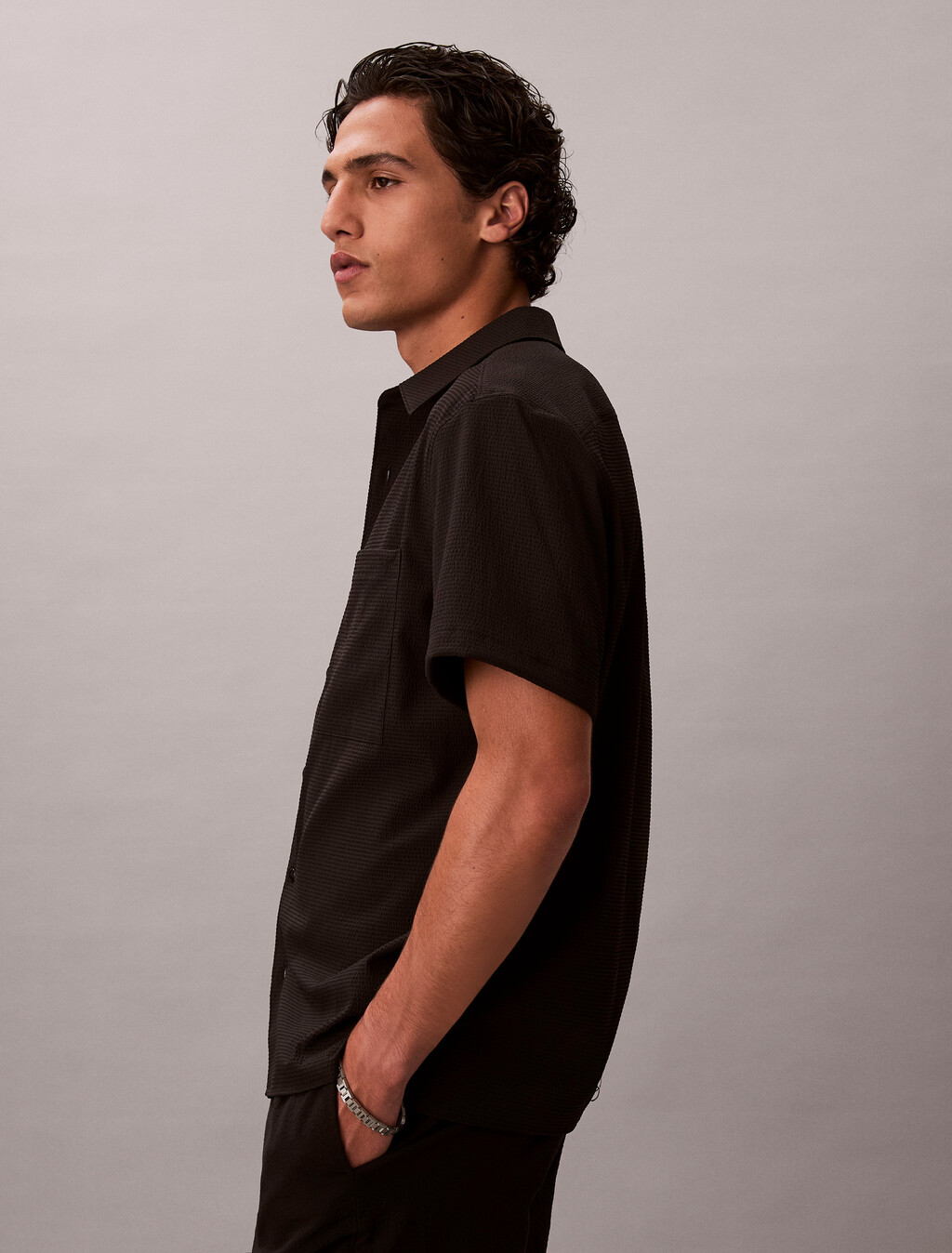 Seersucker Short Sleeve Shirt, Black, hi-res