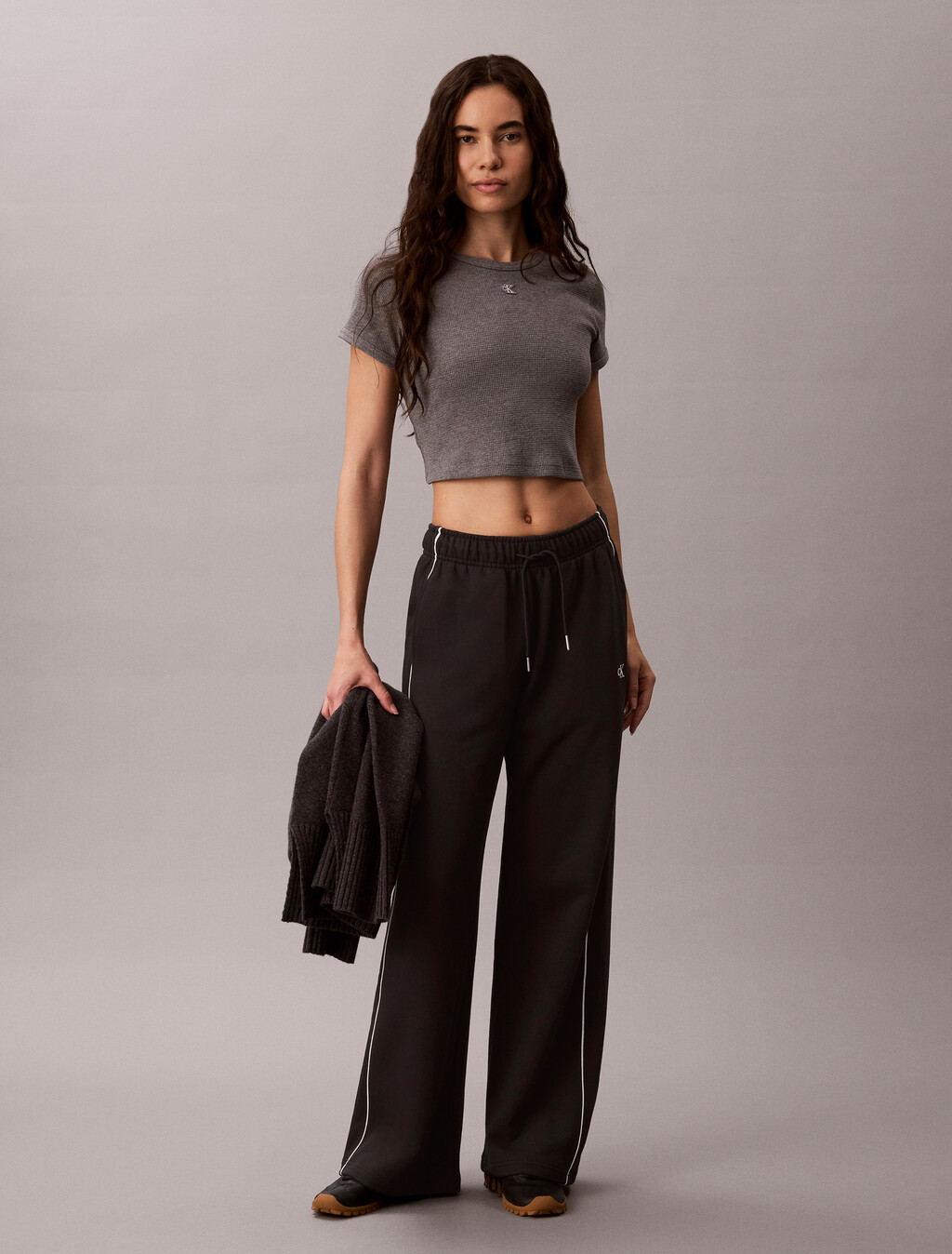 Monogram Cotton Terry Contrast Piping Pant, Black, hi-res
