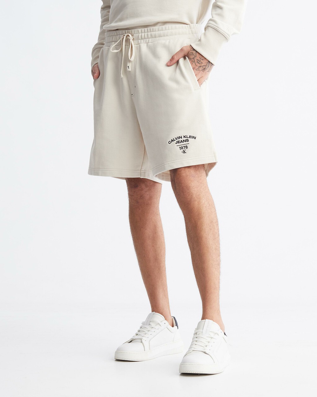 Varsity Curved Logo Sweat Shorts, Eggshell, hi-res