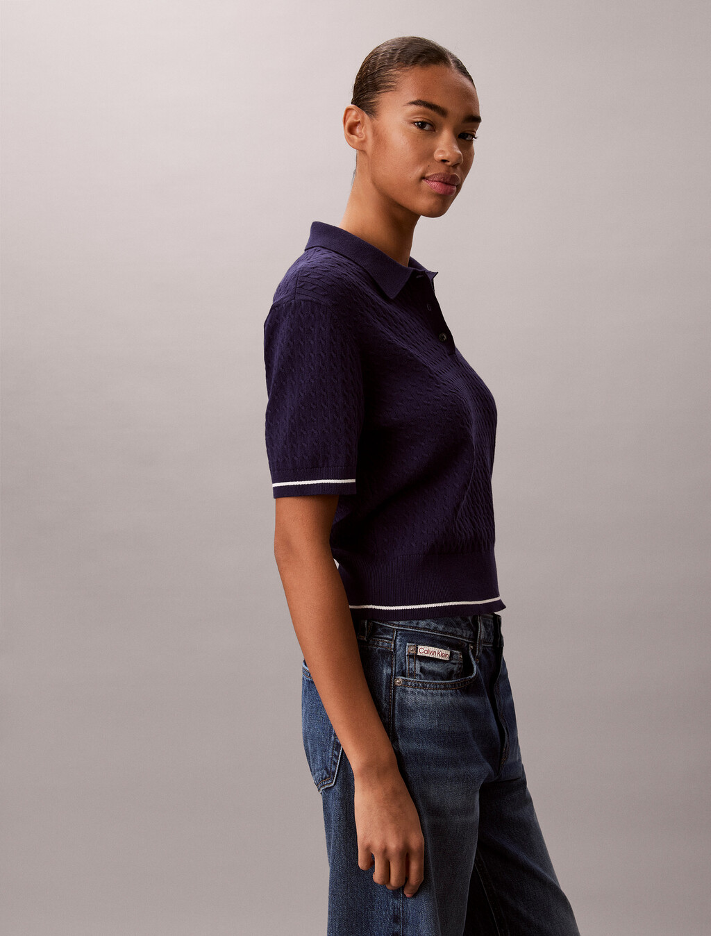 Cable Knit Short Sleeve Jumper, Evening Blue, hi-res