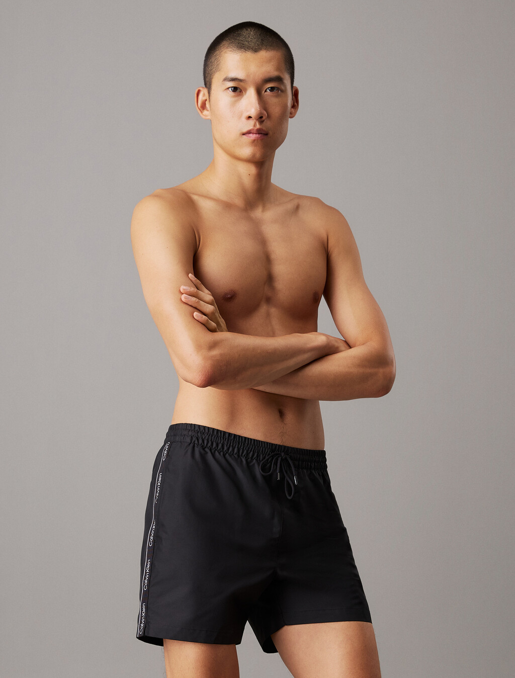 Medium Drawstring Swim Shorts - Logo Tape, Pvh Black, hi-res