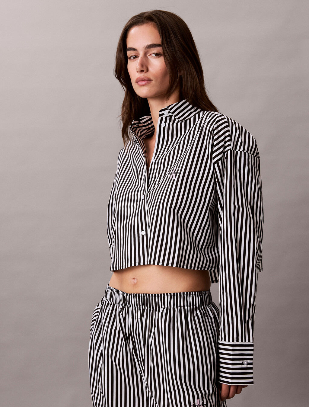 Cropped Cotton Poplin Pyjama Top, PENNY STRIPE+Black, hi-res
