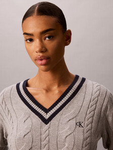 Cable Knit V-Neck Sweater, B10 Grey Heather, hi-res