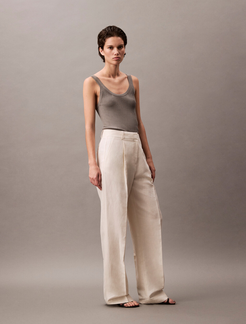 Relaxed Linen Pleated Trousers, Tofu, hi-res