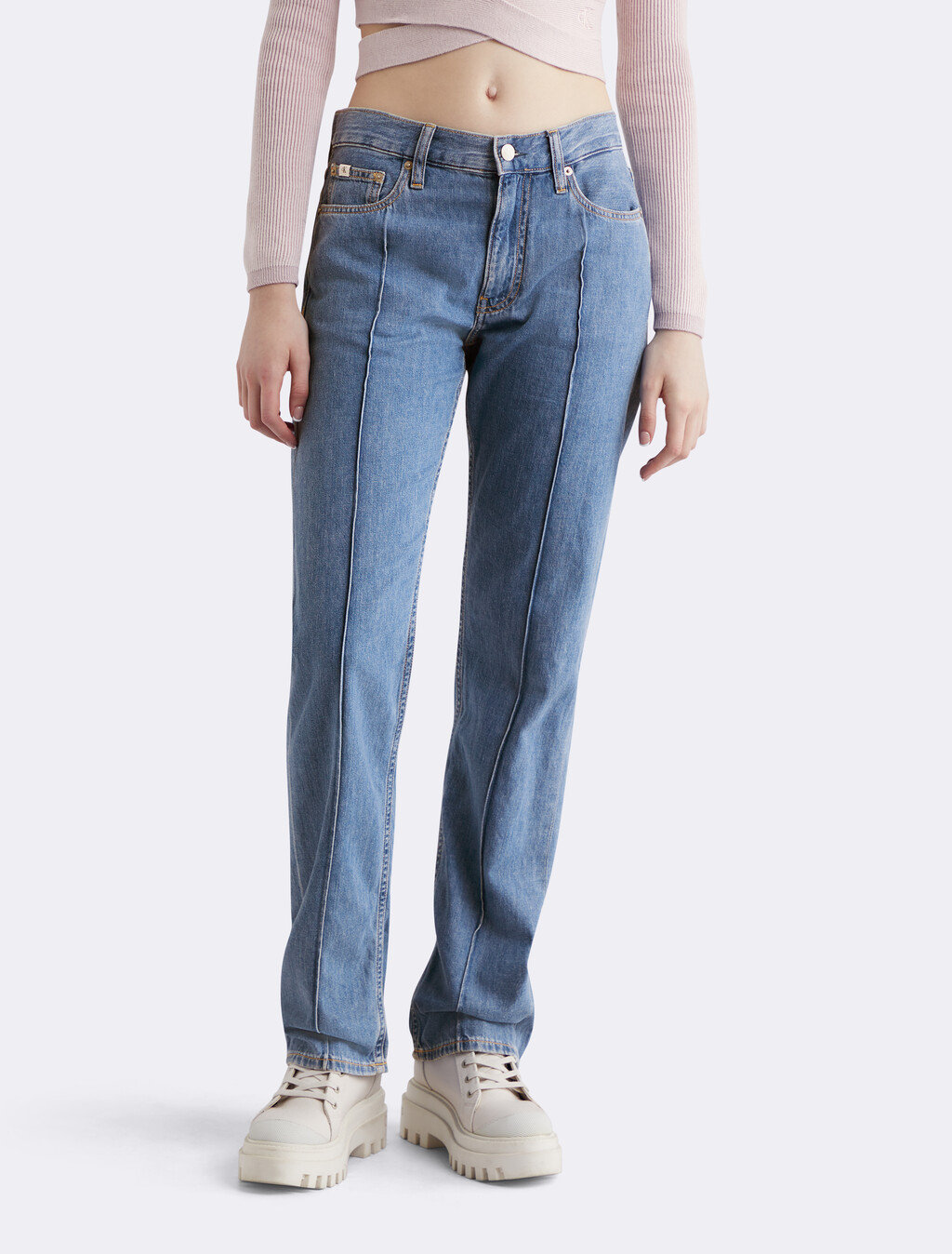 Linen Blend Low Rise Straight Jeans, 212 MED FRONT, hi-res