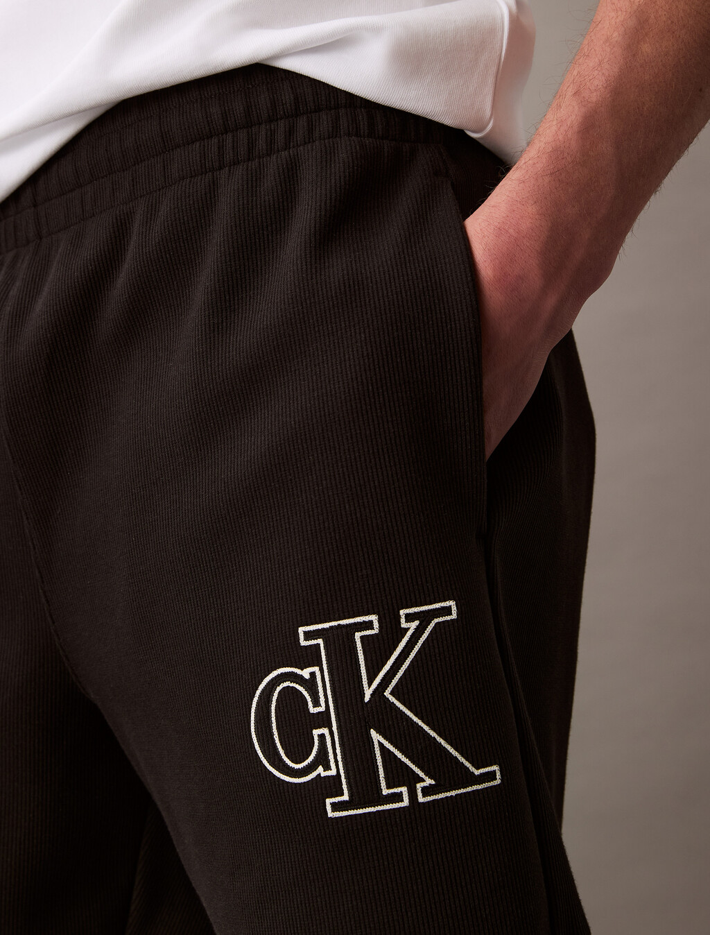 Double Rib Knit Monogram Embroidery Short, Black, hi-res