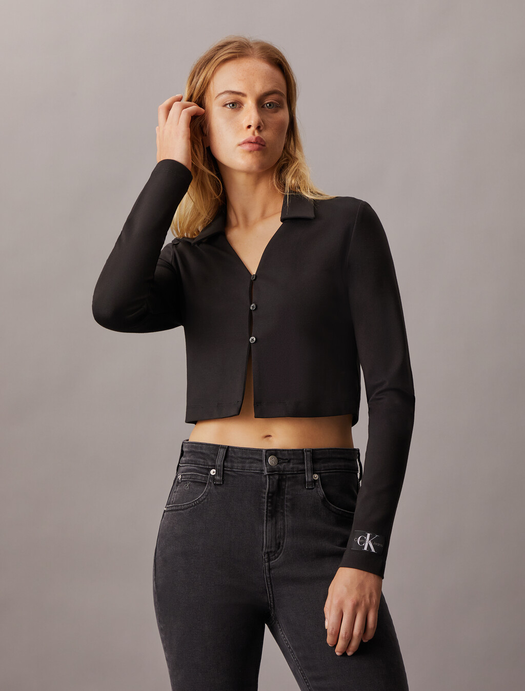 Milano Button Cropped Cardigan, Ck Black, hi-res