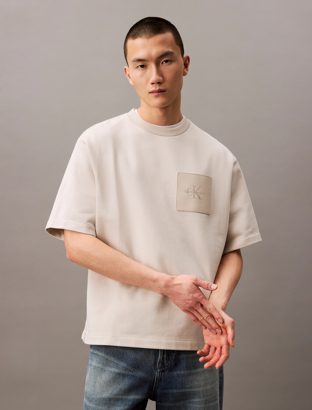 Oversized Logo Patch T-shirt, Silver Birch, hi-res
