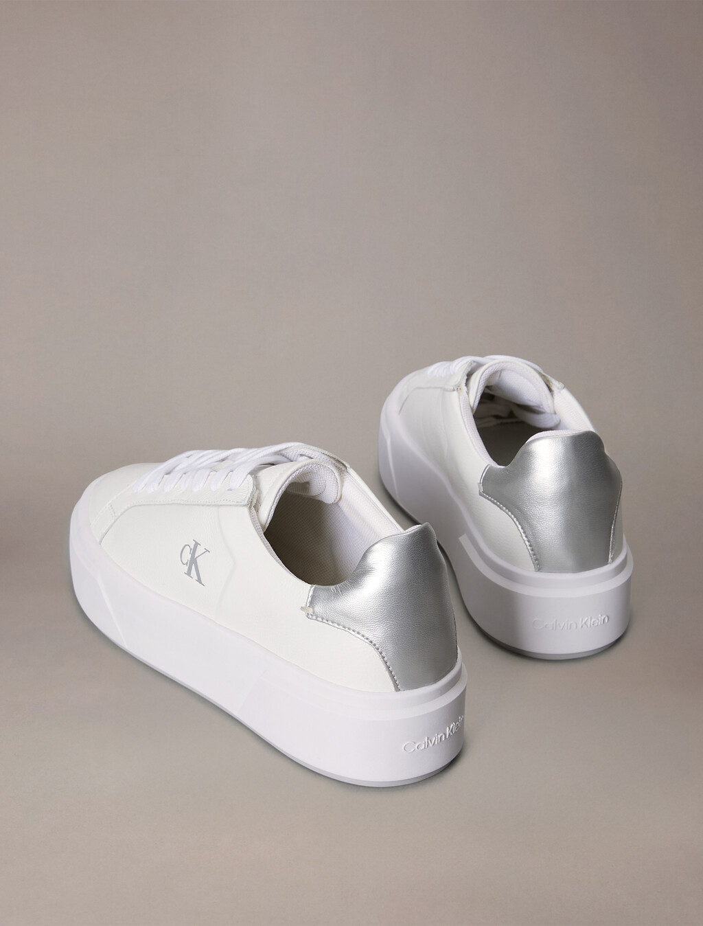 Sienna - Leather Logo Platform Trainers, Bright White/Silver, hi-res