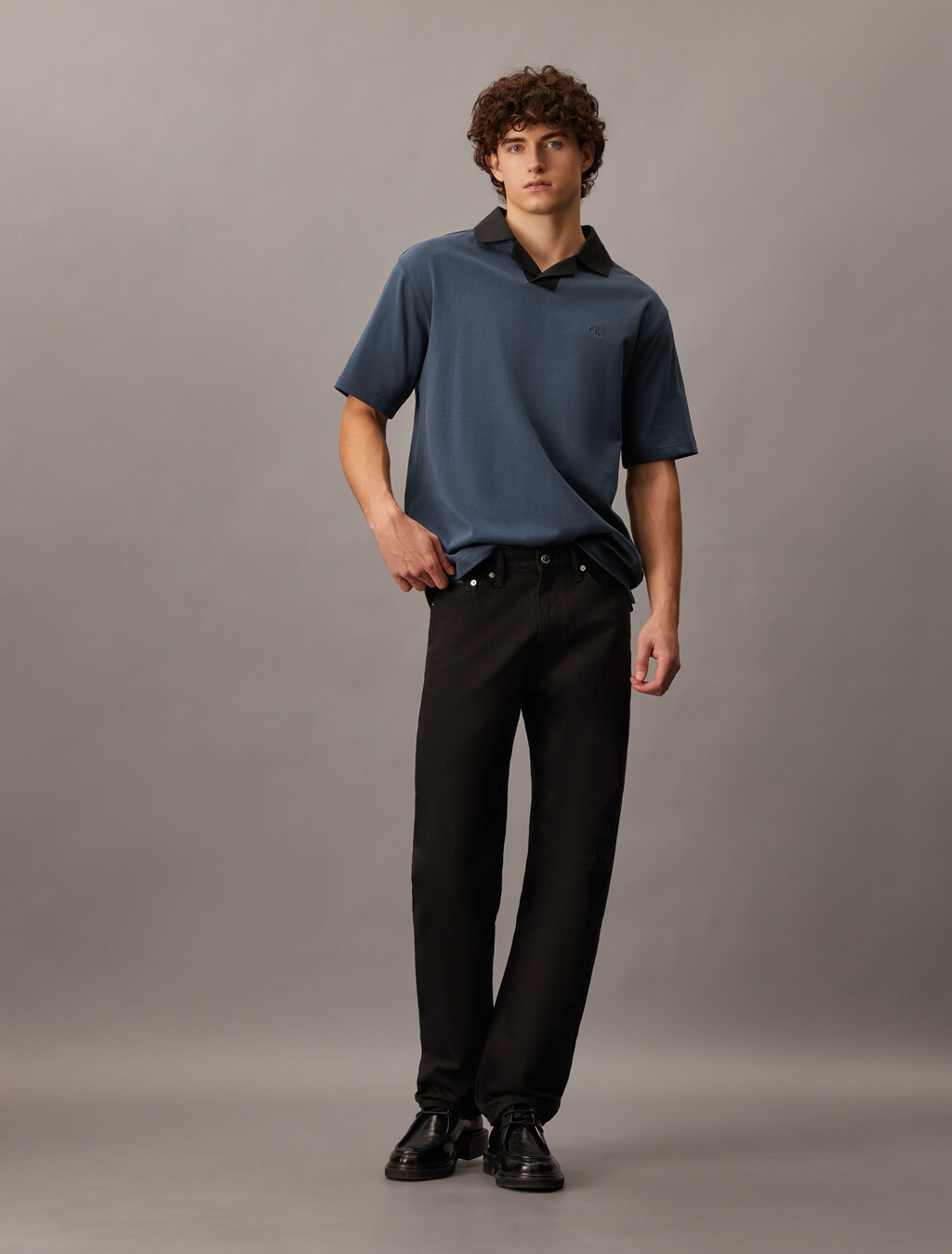 Contrast Open Collar Polo, Ink, hi-res